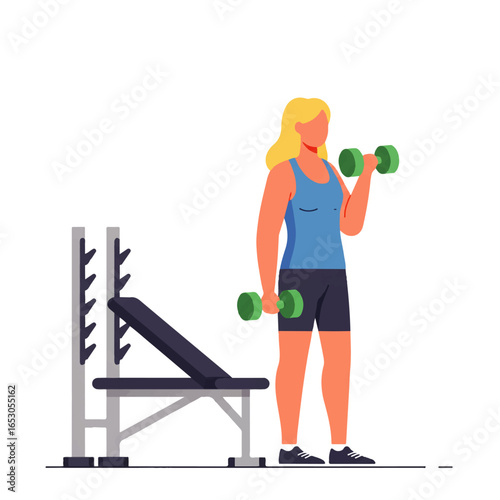 Woman lifting dumbbells, fitness workout, gym equipment in the background.