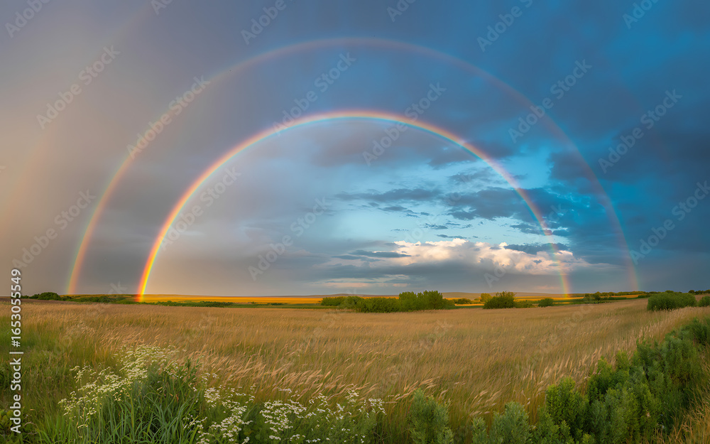 Naklejka premium A double rainbow over a field under a cloudy sky at daytime