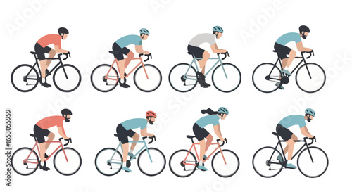 Diverse Group of Cyclists Riding Bicycles, Vector Illustration for Sports, Fitness, and Active Lifestyle Content. Suitable for Cycling Event Promotion and Fitness Campaigns.