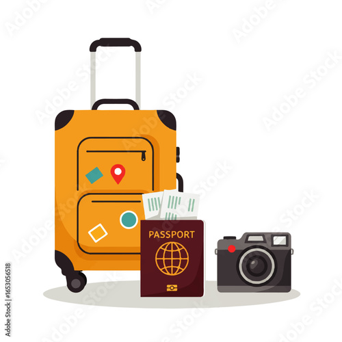 Travel essentials: suitcase, passport, camera, and boarding passes ready for a journey.