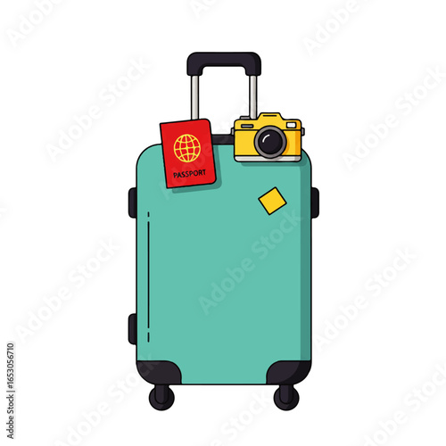 Teal suitcase with passport, camera, and wheels, ready for travel.