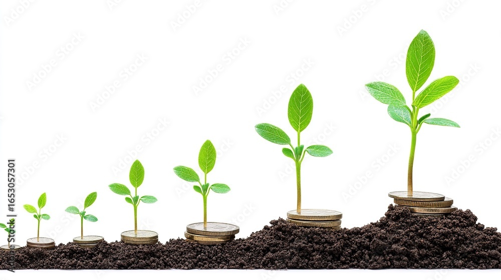 Naklejka premium A plant growing amidst coins, symbolizing investment growth isolated on white background on white background 