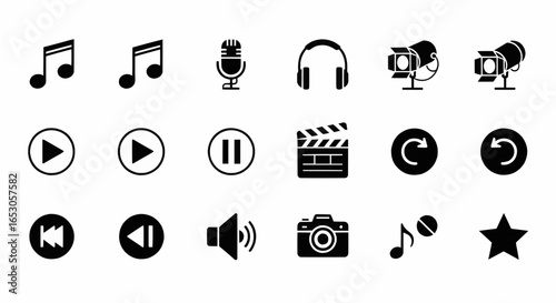 Vector icons of music and multimedia including headphones, microphone, camera, and film clapper for entertainment