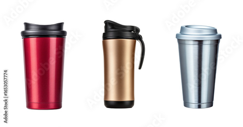 Wallpaper Mural Set of three insulated travel mugs isolated on a transparent background, showcasing sleek metallic finishes in red, gold, and silver, perfect for eco-friendly commuting or holiday gifting Torontodigital.ca