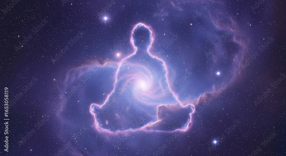 Obraz premium Soft Indigo and Violet Cosmic Nebula Forming Faint Meditating Figure Spiritual Awakening Mystical Meditation Enlightenment Christianity JPG