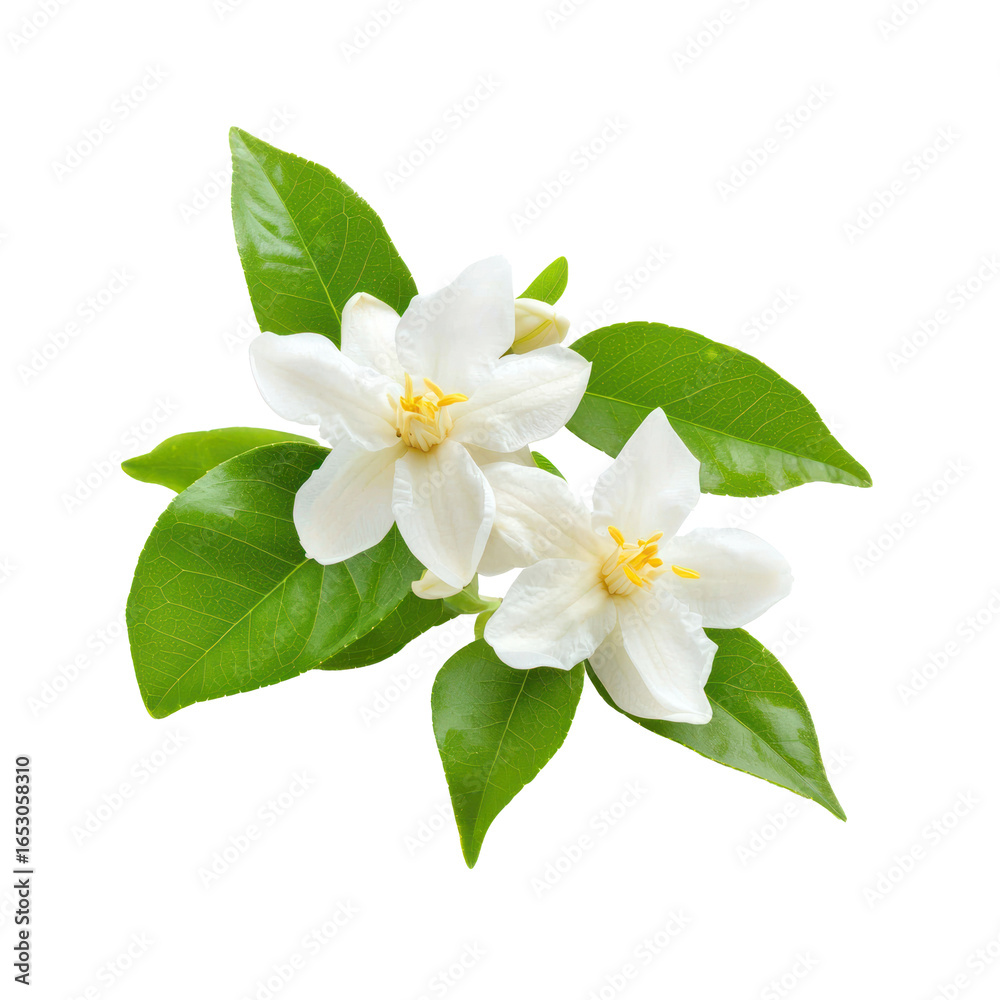 Naklejka premium Two white flowers with green leaves on a transparent background