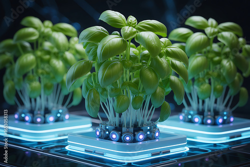 Vibrant basil plants thrive in futuristic hydroponic system with glowing blue neon accents, representing smart agriculture.