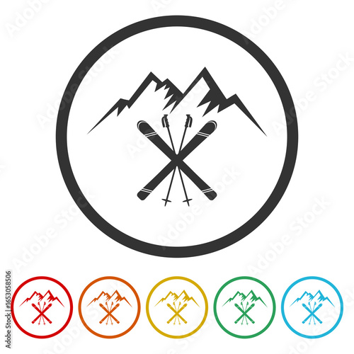 Ski mountains icon. Set icons in color circle buttons