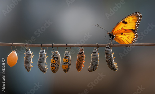 A butterfly's life cycle from an egg, caterpillar, and chrysalis to the adult butterfly, with the butterflies hanging on a wire against a blurred background