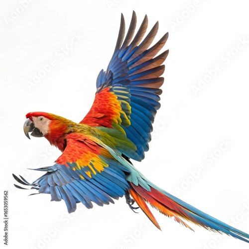 Colorful parrot isolated on white background with wings open.