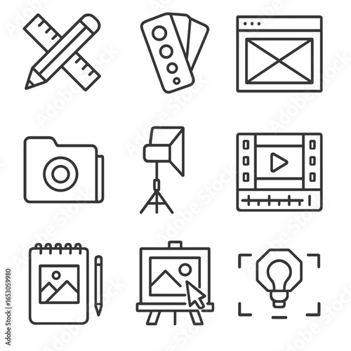 Creative Design Icons. Line style icons of creative and design services: pencil with ruler icon, color palette symbol, wireframe