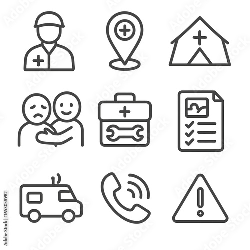 Emergency Response Icons. Line style icons of emergency response functions: first responder icon, emergency location pin, disaster