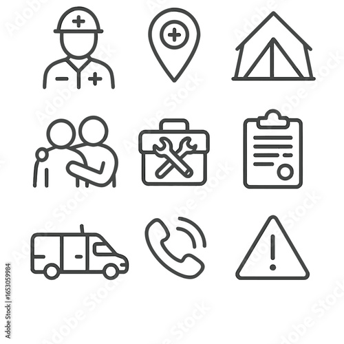 Emergency Response Icons. Line style icons of emergency response functions: first responder icon, emergency location pin, disaster