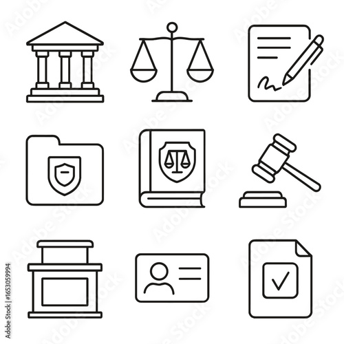 Legal Icons Collection. Line style icons of legal and judicial functions: courthouse building icon, scale of justice, contract