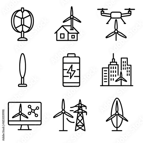 Future Wind Energy Icons. Line style icons of wind energy future concepts: vertical axis turbine, rooftop micro-turbine,