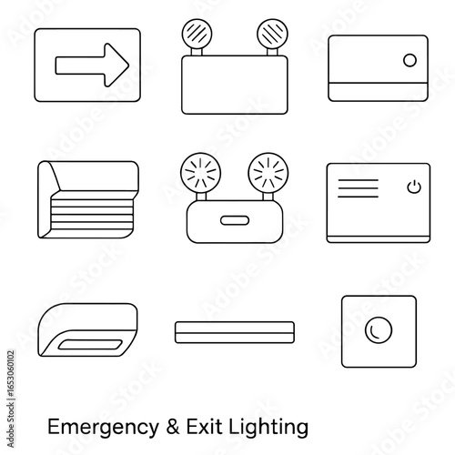 Emergency Lighting Icons. Line style icons of Emergency & Exit Lighting: exit sign, combo exit-light, emergency pack, egress wall