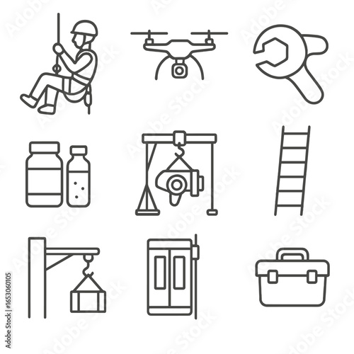 Maintenance Tools Icons. Line style icons of Maintenance Equipment & Tools: rope access technician, blade inspection drone,