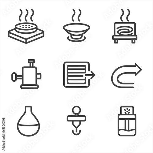 Scent Diffusion Icons. Line style icons of Scent Diffusion Mechanics: piezo atomizer plate, ultrasonic transducer, heating coil,