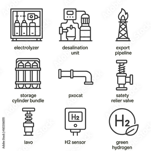 Offshore Hydrogen Icons. Line style icons of Offshore Hydrogen Production: electrolyzer skid, desalination unit, hydrogen