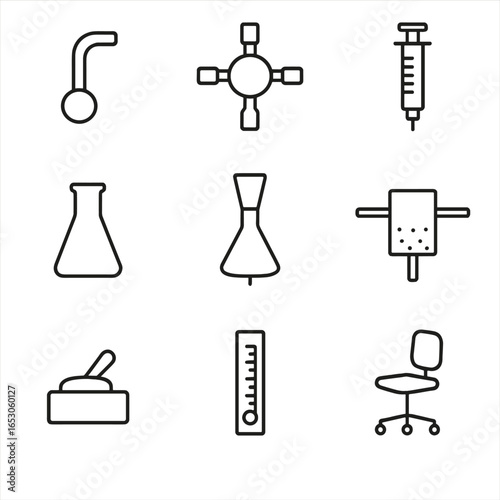 Olfactometer Parts Icons. Line style icons of Laboratory Olfactometer Parts: odor port, flow selector valve, sample syringe,