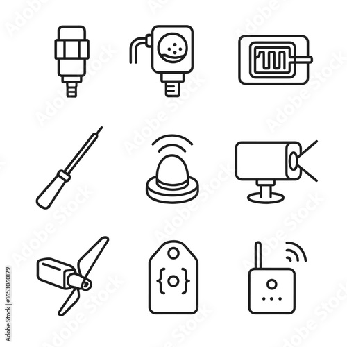 Condition Monitoring Icons. Line style icons of Condition Monitoring Sensors: vibration accelerometer, oil debris sensor, strain