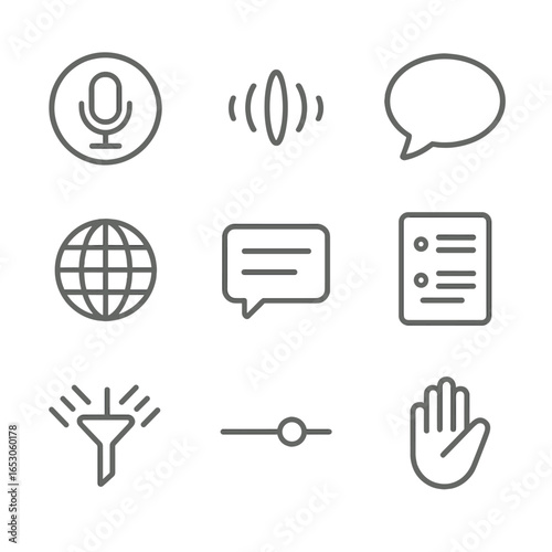 Voice Interface Icons. Line style icons of Voice Command Interfaces: microphone circle, wake-word wave, speech bubble, language