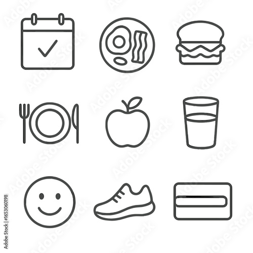 Food Diary Icons. Line style icons of Food Diary Tracking: calendar day, breakfast icon, lunch icon, dinner plate, snack apple,