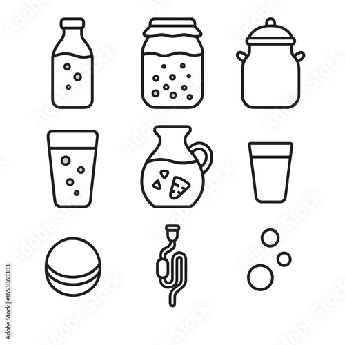 Fermented Probiotic Icons. Outline style icon of Fermented Probiotics: kombucha bottle, water kefir jar, ginger bug crock, kvass