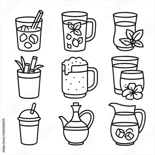 Cultural Festive Drinks Icons. Outline style icon of Cultural Festive Drinks: Mexican horchata, Persian sharbat, Moroccan mint tea
