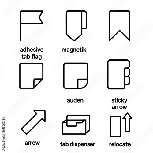Bookmark Icons Collection. Outline style icon of Bookmark & Tabs: adhesive tab flag, magnetic bookmark, ribbon marker, corner clip