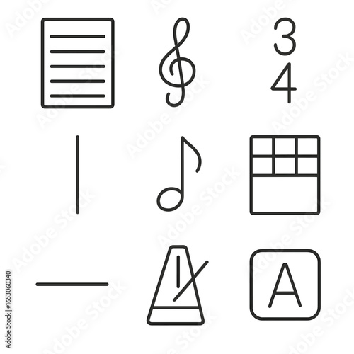 Musical Composition Icon Set. Outline style icon of Musical Composition Pads: staff paper sheet, treble clef header, time