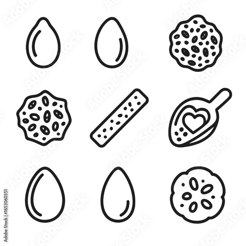 Crunchy Seed Snack Icons. Outline style icon of Crunchy Seed Snacks: roasted pumpkin seed, sunflower kernel, chia seed cluster,