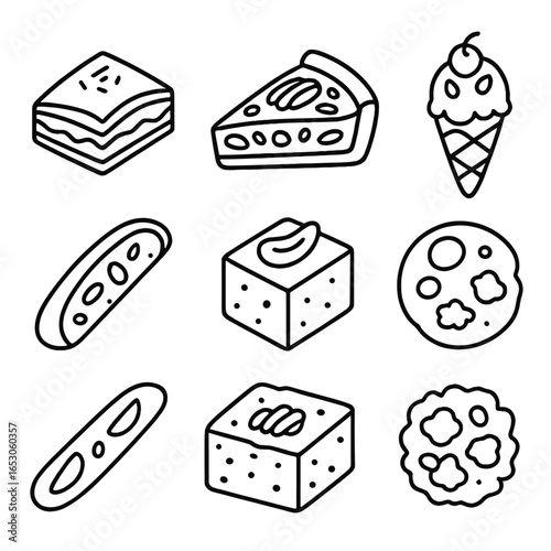 Nutty Desserts Icons. Outline style icon of Nut-Based Desserts: baklava piece, pecan pie slice, pistachio kulfi, hazelnut gelato