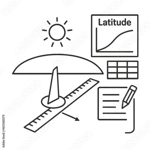 Latitude Measurement Icon. Outline style icon of Latitude Measurement: gnomon stick, noon shadow, shadow length ruler, latitude
