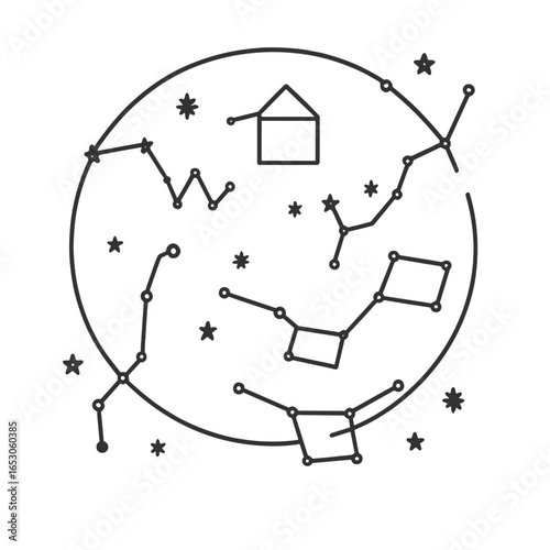 Constellations Outline Art. Outline style icon of Night-Sky Constellations: Ursa Minor outline, Cassiopeia W, Draco tail, Ursa