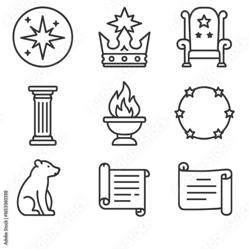 Polaris Icon Outline. Outline style icon of Polaris Mythology: guiding star halo, royal crown Polaris, celestial throne, axis