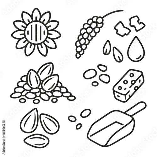 Bird Seed Mix Icons. Outline style icon of Bird Seed Mix: sunflower heap, millet spray, cracked corn, safflower seed, nyjer seed,