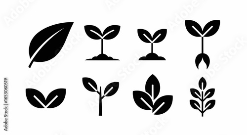 Solid black vector seedling and sprout icons symbolizing new growth, agriculture, gardening, and ecological sustainability