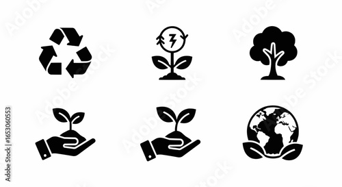 Eco-friendly solid black icons of plant growth, renewable energy, and sustainable environmental care in vector silhouette design