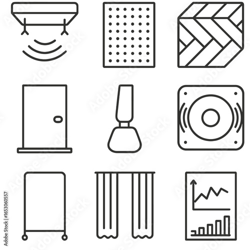 Classroom Acoustic Elements. Outline style icon of Classroom Acoustic Treatments: ceiling cloud panel, pinboard absorber, carpet