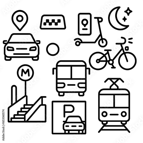 Nighttime Transport Icons. Outline style icon of Nighttime Transportation: rideshare car, taxi light, scooter app, bicycle light,