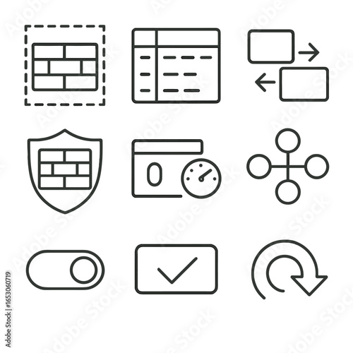 Firewall Configuration Icons. Outline style icon of Firewall Configuration Editors: security zone, rule table, NAT translation,