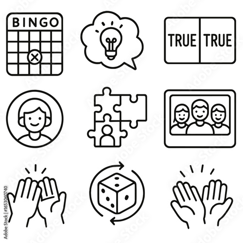 Ice-Breaker Icons Collection. Outline style icon of Ice-Breaker Activities: bingo card, fun fact bubble, two truths card, avatar
