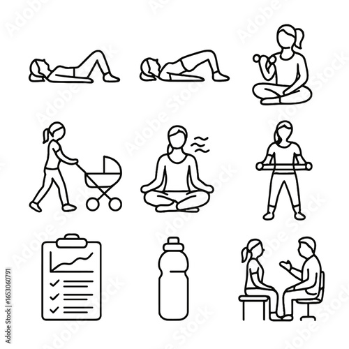 Postpartum Workout Icons. Outline style icon of Postpartum Recovery Workouts: pelvic tilt, glute bridge, light dumbbell curl,