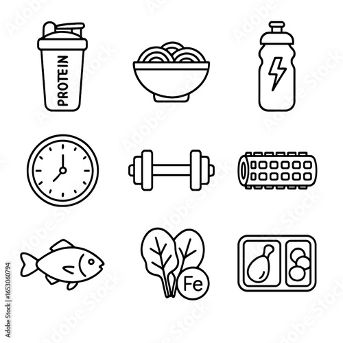 Women's Nutrition Icons. Outline style icon of Nutrition for Women Athletes: protein shake, carb pasta bowl, electrolyte drink,