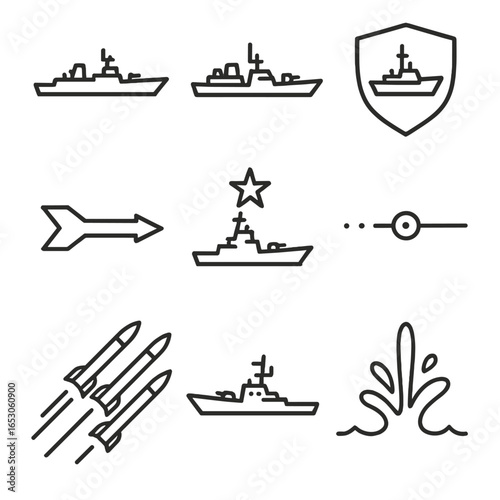 Naval Fleet Icons. Outline style icon of Surface Action Group Icons: cruiser silhouette, destroyer icon, frigate shield, corvette
