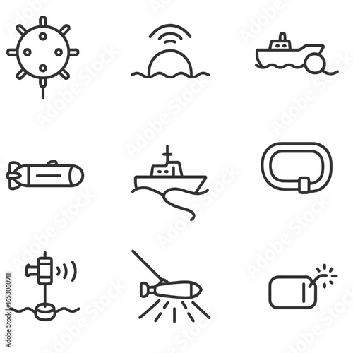 Naval Mine Warfare Icons. Outline style icon of Naval Mine Warfare: moored contact mine, influence sea mine, mine-laying rail,