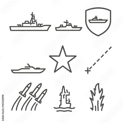 Naval Fleet Icons. Outline style icon of Surface Action Group Icons: cruiser silhouette, destroyer icon, frigate shield, corvette