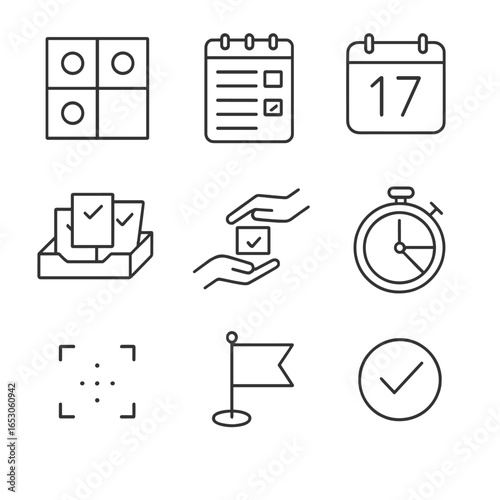 Time Management Icons. Outline style icon of Time Management Anchors: priority matrix, daily planner sheet, calendar block, task