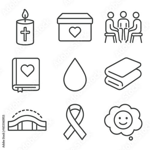 Grief Healing Icons. Outline style icon of Grief & Loss Healing: memorial candle, memory box, support group circle, grief journal,